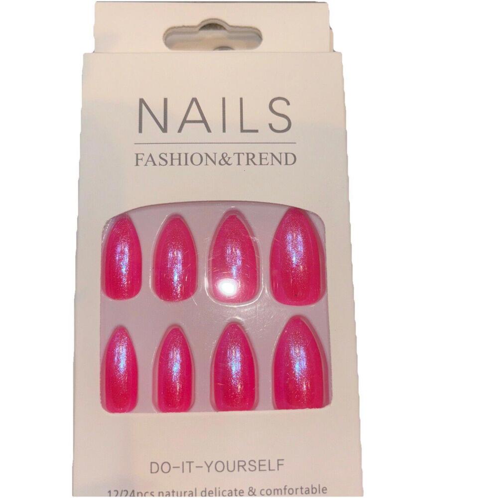 Press on Nails Medium Almond Shape Fake Nails Iridescent Pink